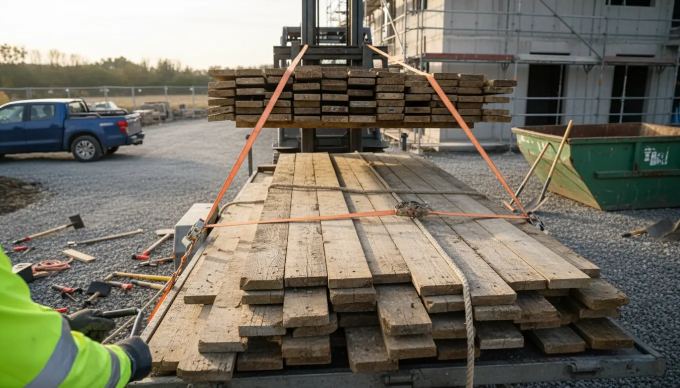 Stor bunke forskallingsbrædder bliver læsset på en trailer ved en byggeplads.