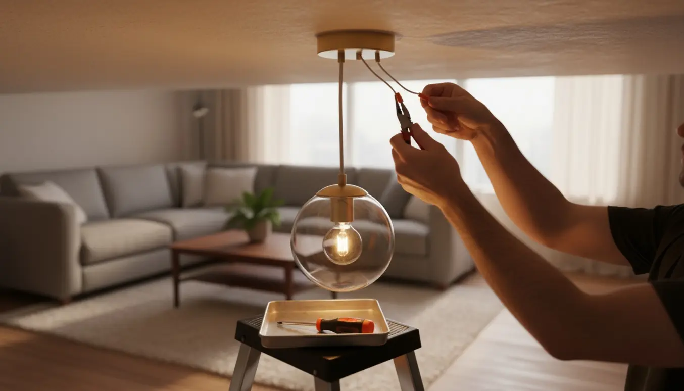 Hænder monterer en loftlampe i en hyggelig stue, kun hænderne er synlige.