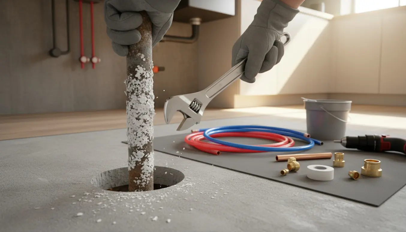 Udskiftning af kalket vandrør gennem et hul i gulvet med nyt rør og værktøj.
