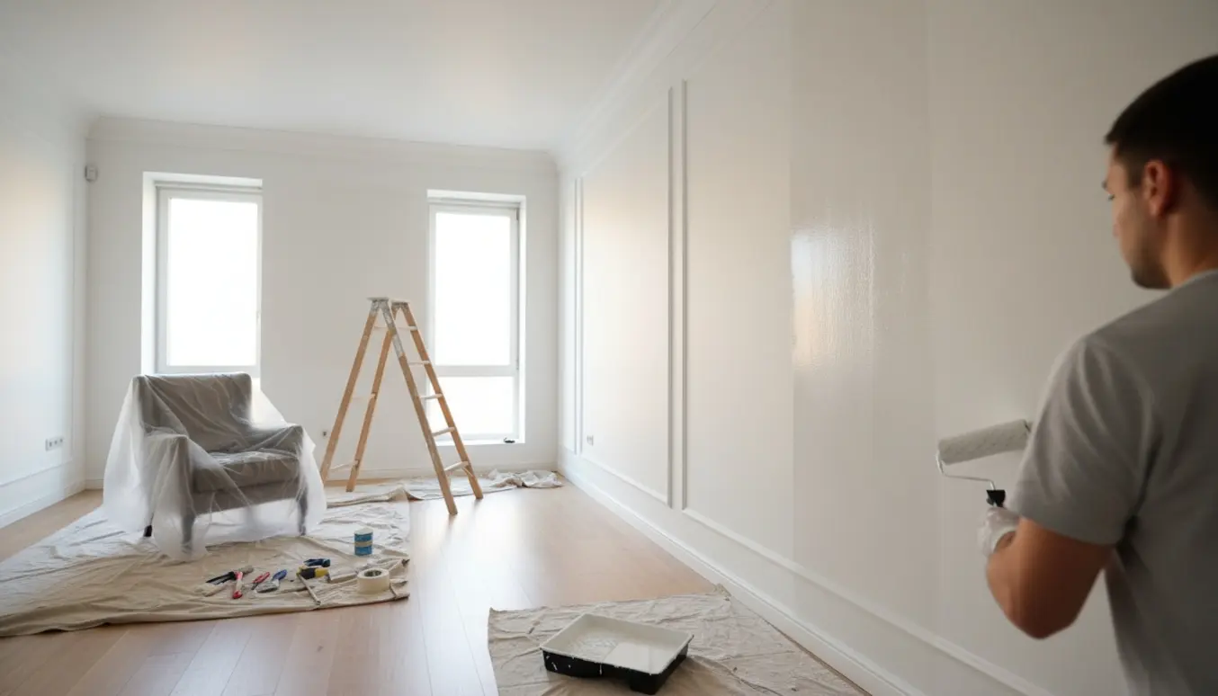 Lys, moderne lejlighed hvor hvide vægge, lofter og lister bliver malet med rulle med malerværktøj og beskyttelsesduge.