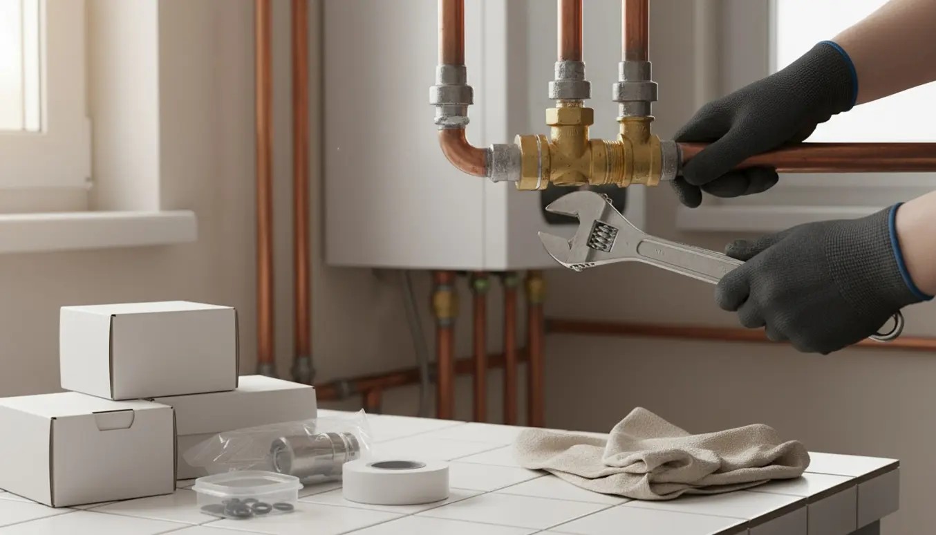 Nærbillede af hænder, der udskifter en reguleringsventil og forbereder en ny termostat i et teknikrum.