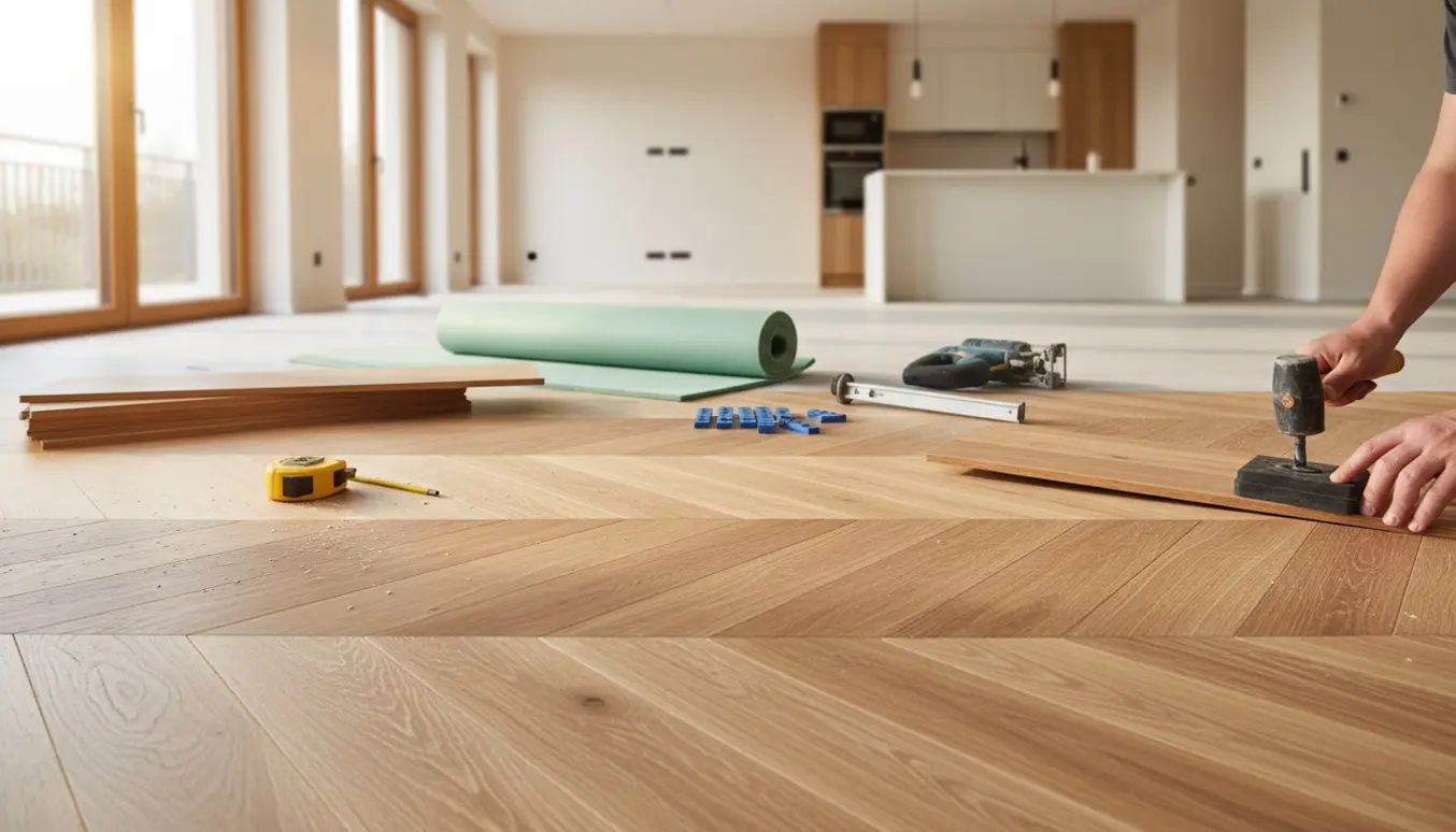 Installation af sildebens klikgulv i et lyst tomt køkken-alrum med værktøj og planker.