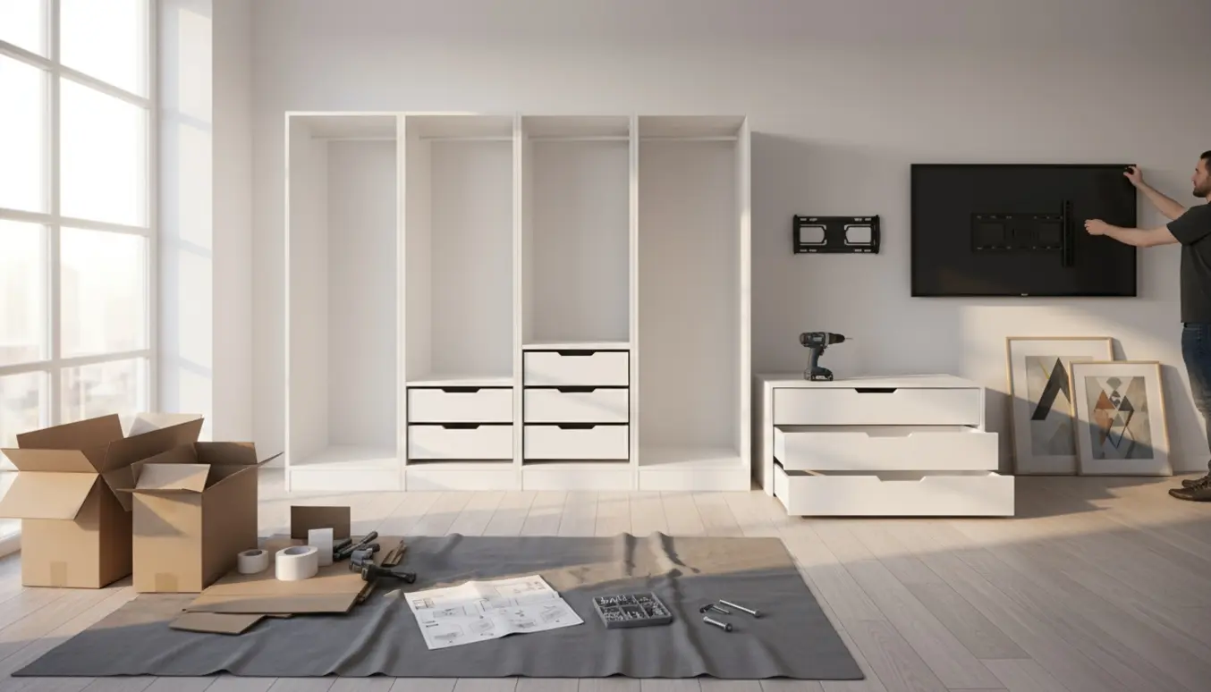 Partielt samlet PAX-garderobe og KULLEN-kommode i lyst rum med værktøj og hænder, der justerer et TV.