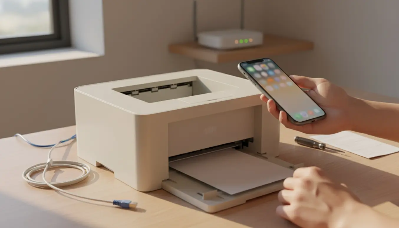 Hænder holder en ny iPhone foran en trådløs printer på et skrivebord, klar til tilslutning.