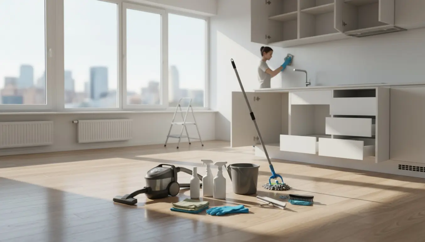 Tom lejlighed under slutrengøring med rengøringsudstyr, åbne køkkenskabe og nypudset gulv i naturligt lys.