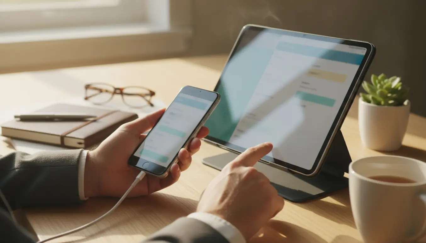 Nærbillede af hænder, der opsætter e-mail på en mobiltelefon og en iPad på et ryddeligt skrivebord.