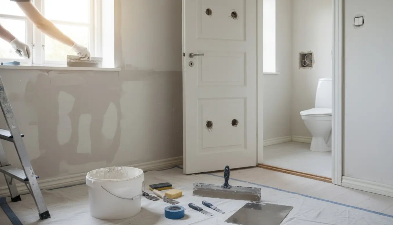 Nærbillede af pudsearbejde ved vindue, dør, toilet og udfyldte elektriske dåser.