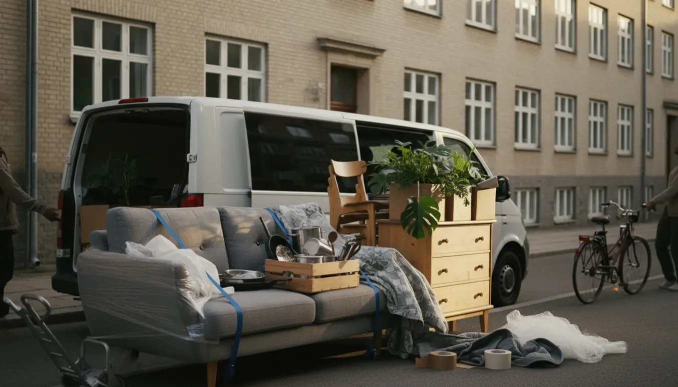 Flyttevogn foran en lejlighed med sofa, kommode, planter, stole, køkkengrej og cykler klar til flytning.