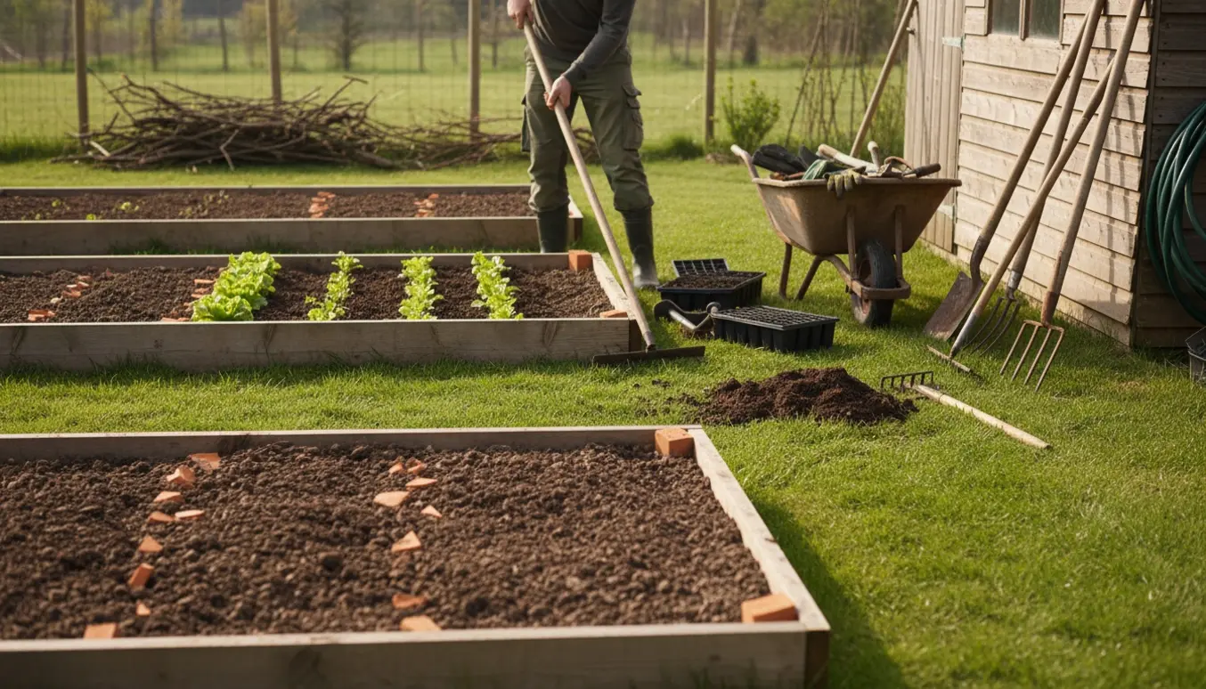 Organiseret køkkenhave i april med nyplantet salat og gulerødder, rensede græskanter og haveredskaber.