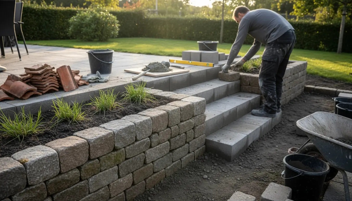 Halvhøj støttemur og ny trappe i herregårdssten under etablering med værktøj og et lille bed.