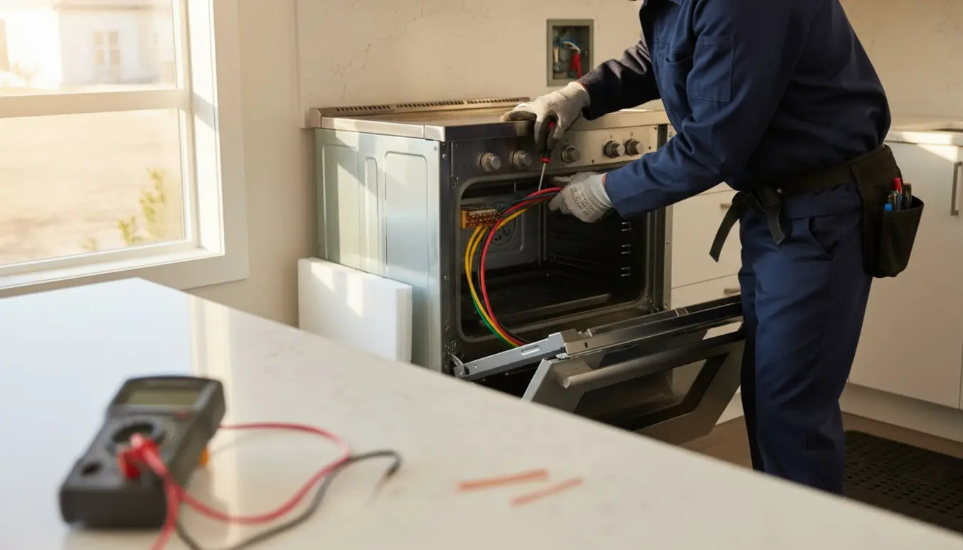 Autoriseret elektriker tilslutter et nyt komfur i et moderne køkken, kun hænder og værktøj er synlige.