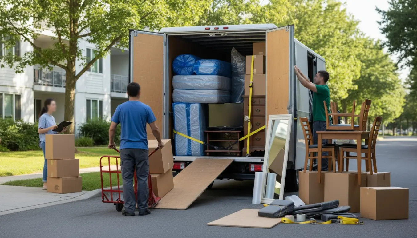 Flyttefolk laster indpakkede møbler og kasser ind i en flyttevogn foran en lejlighedsbygning.
