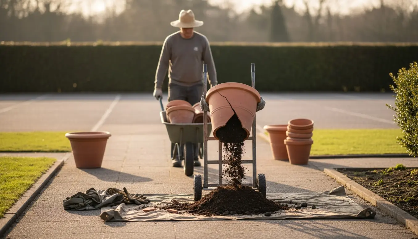 Person flytter omkring 10 krukker med sækkevogn og trillebør mod en parkeringsplads, én er knust og jord drysser ud.