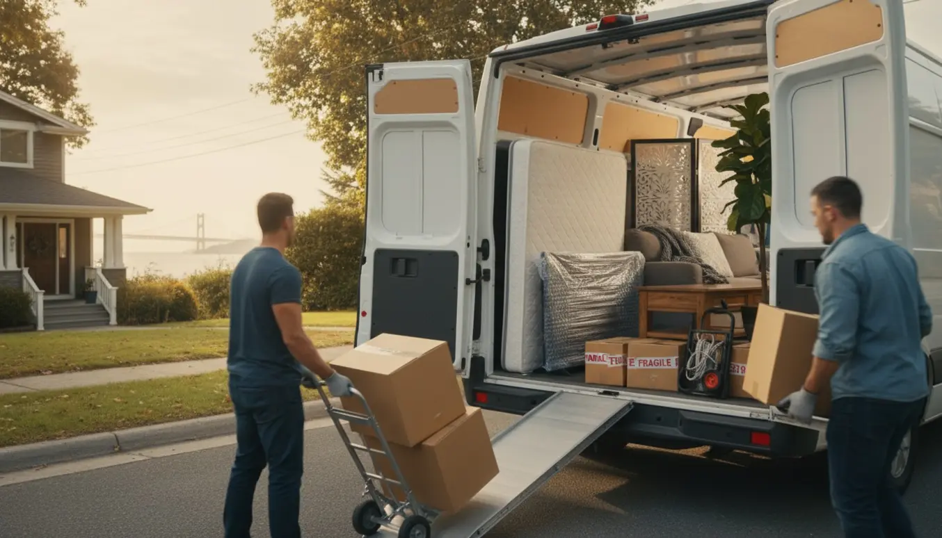 Åben flyttevogn ved stueetage fyldt med sofa, senge, flyttekasser og en høj plante klar til transport.