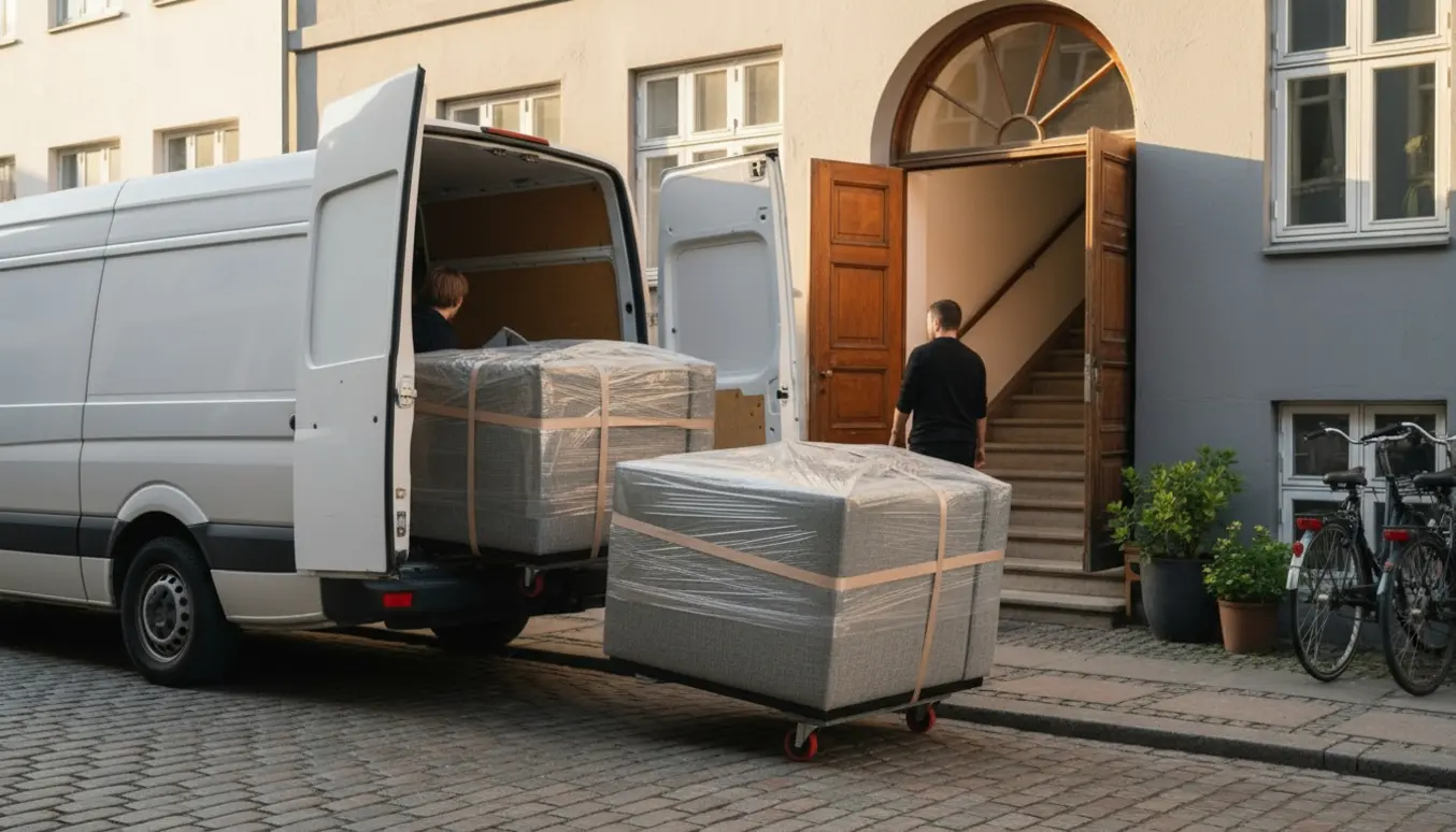 Modulsofa leveres og bæres ind fra en flyttevogn i Nørrebro.