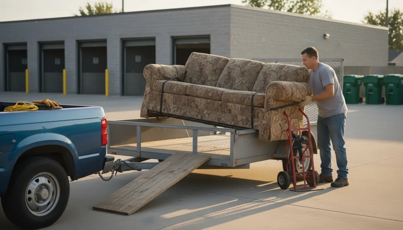To personer læsser en sovesofa på en trailer på indkørsel, klar til at køre til genbrug.