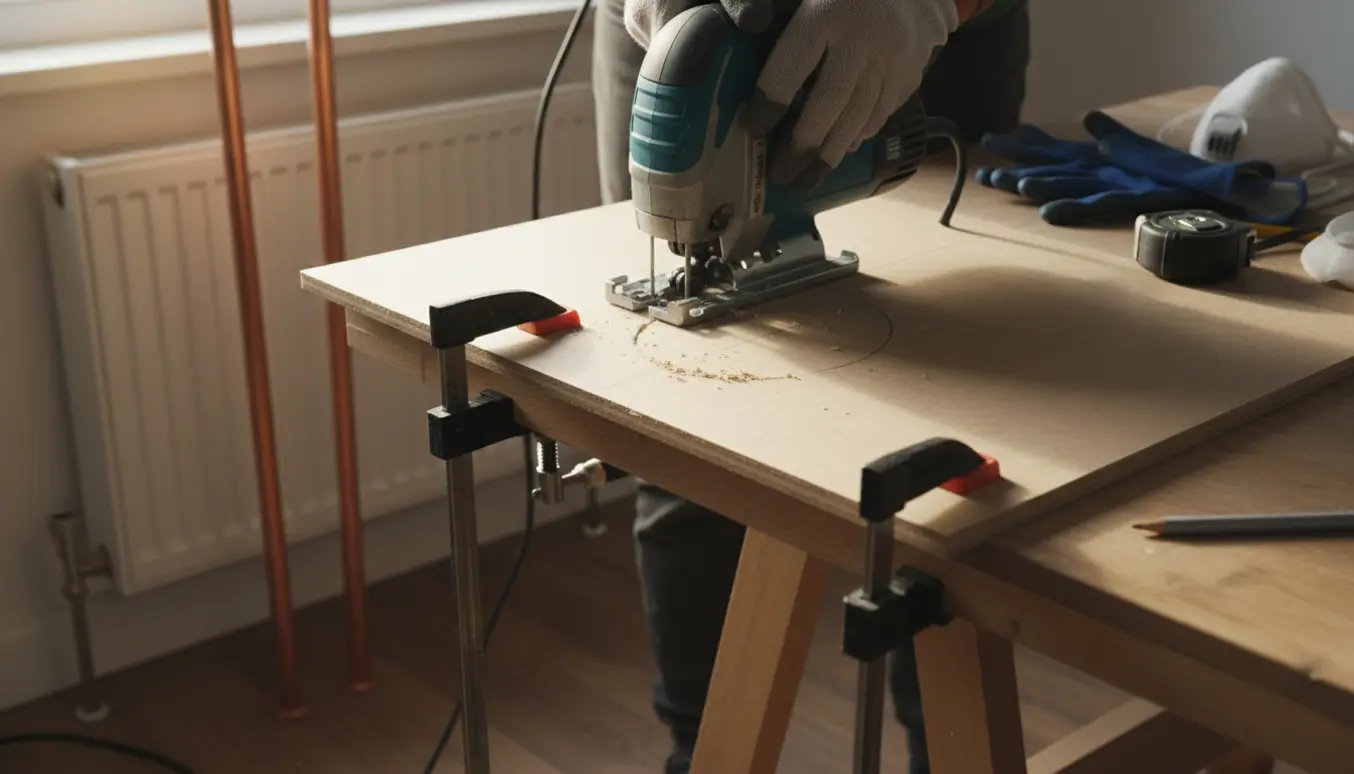 Nærbillede af hænder, der saver ud i en MDF-topplade til en radiatorskjuler, så to rør kan gå igennem.