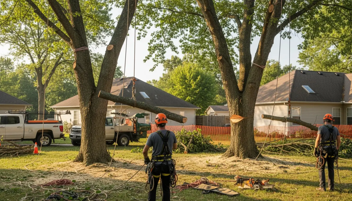 Arborister i sikkerhedsudstyr fælder to træer i etaper tæt på huse med rigging og kontrolleret fald.
