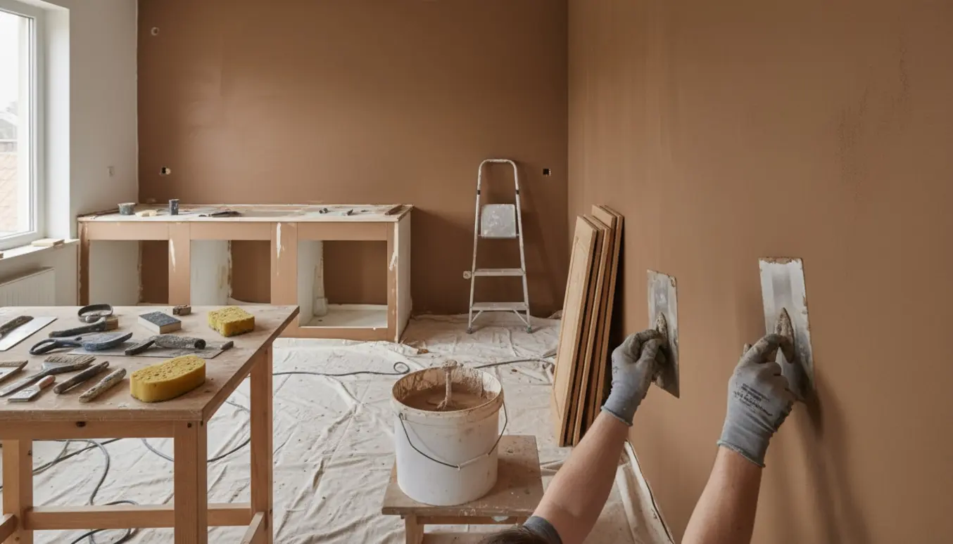 Køkkenvægge pudses i en varm brun nuance, med murske og blandespand i forgrunden.