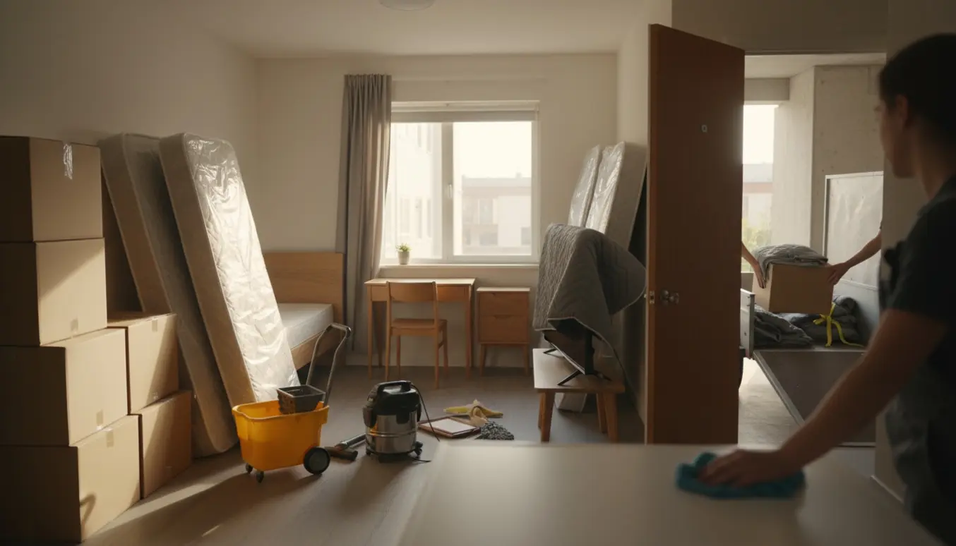 En lille etværelses lejlighed med flyttekasser og møbler på vej ud til en trailer ved trappen, mens der gøres slutrengøring.