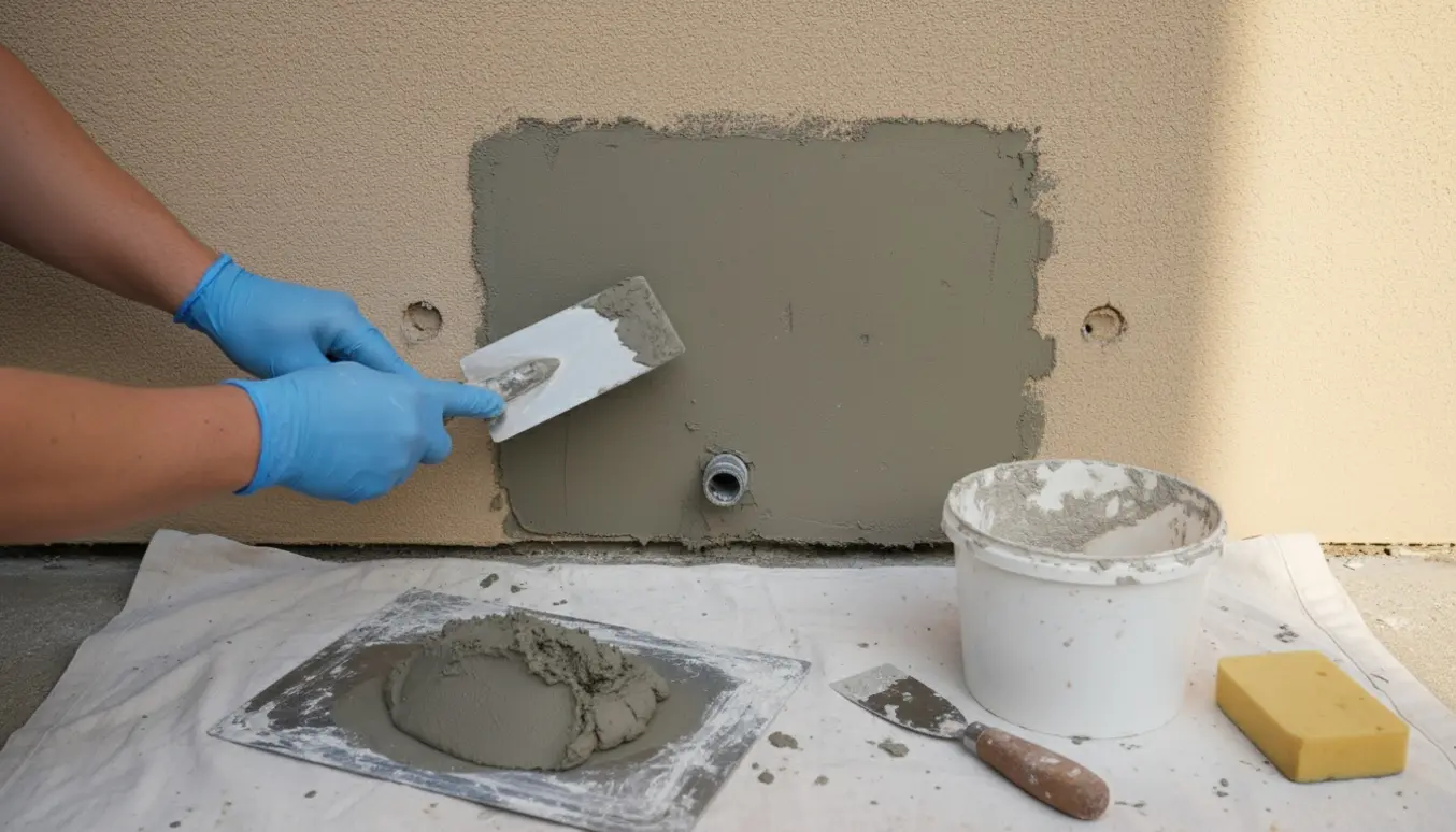 Nærbillede af en hånd, der pudser en væg op omkring stedet, hvor gasmåleren sad, klar til maling.