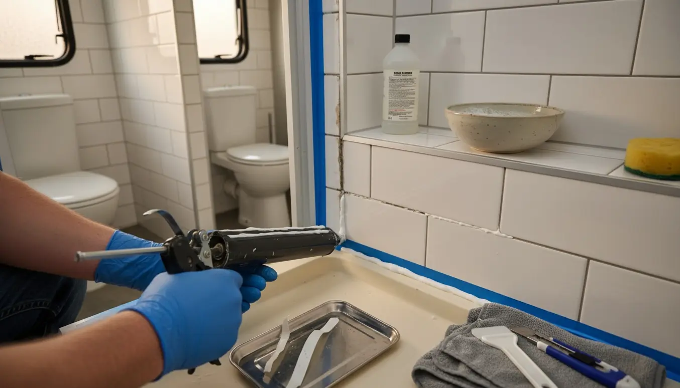 Nærbillede af påføring af nyt fuge i et baderum i en toiletvogn med værktøj og et andet baderum i baggrunden.