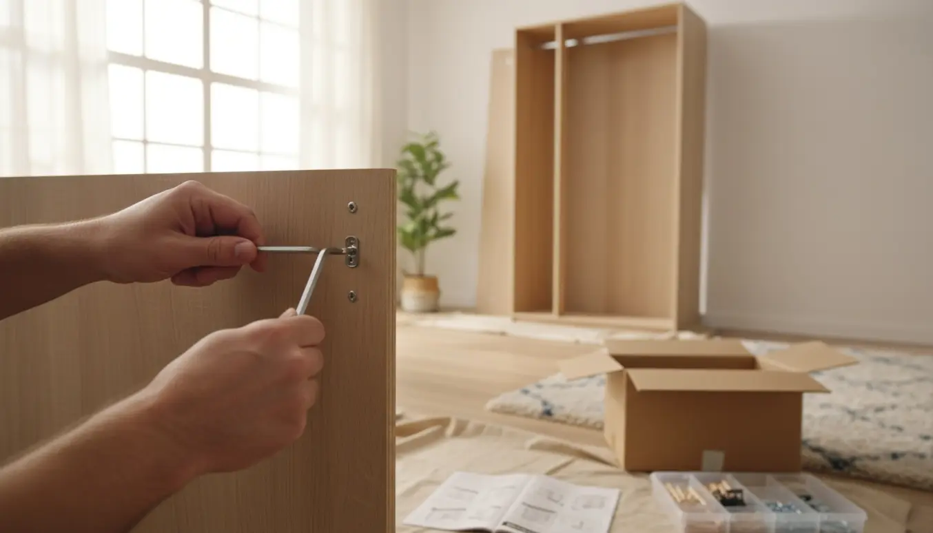 Nærbillede af hænder, der samler et fladtpakket garderobeskab i et lyst stueinteriør.