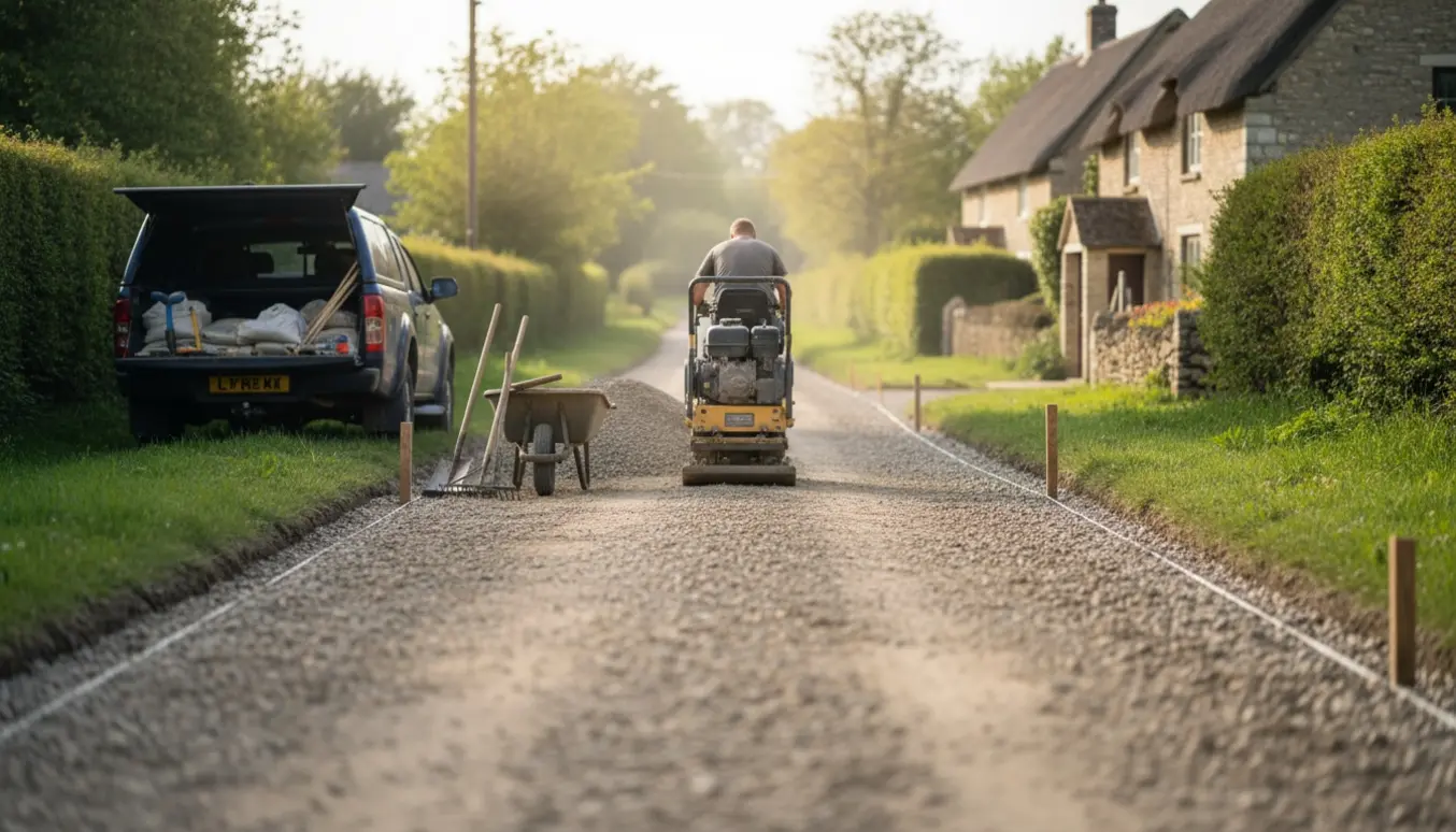 Landlig grusvej under reparation med nyt grus, komprimeringsmaskine og værktøj, uden tydelige ansigter.