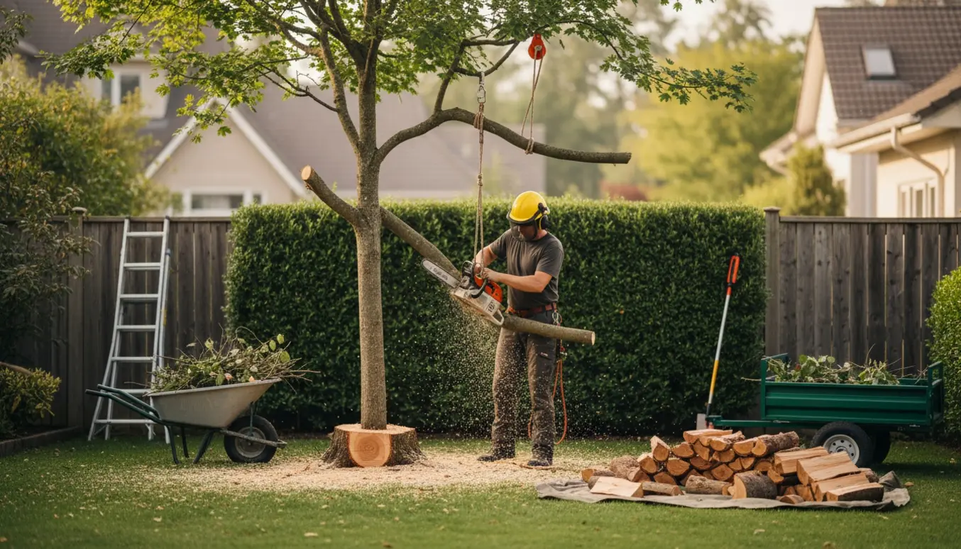 En arborist fælder et ahorntræ i sektioner med motorsav og tov for at skåne en nærliggende hæk, med stablet brænde klar.