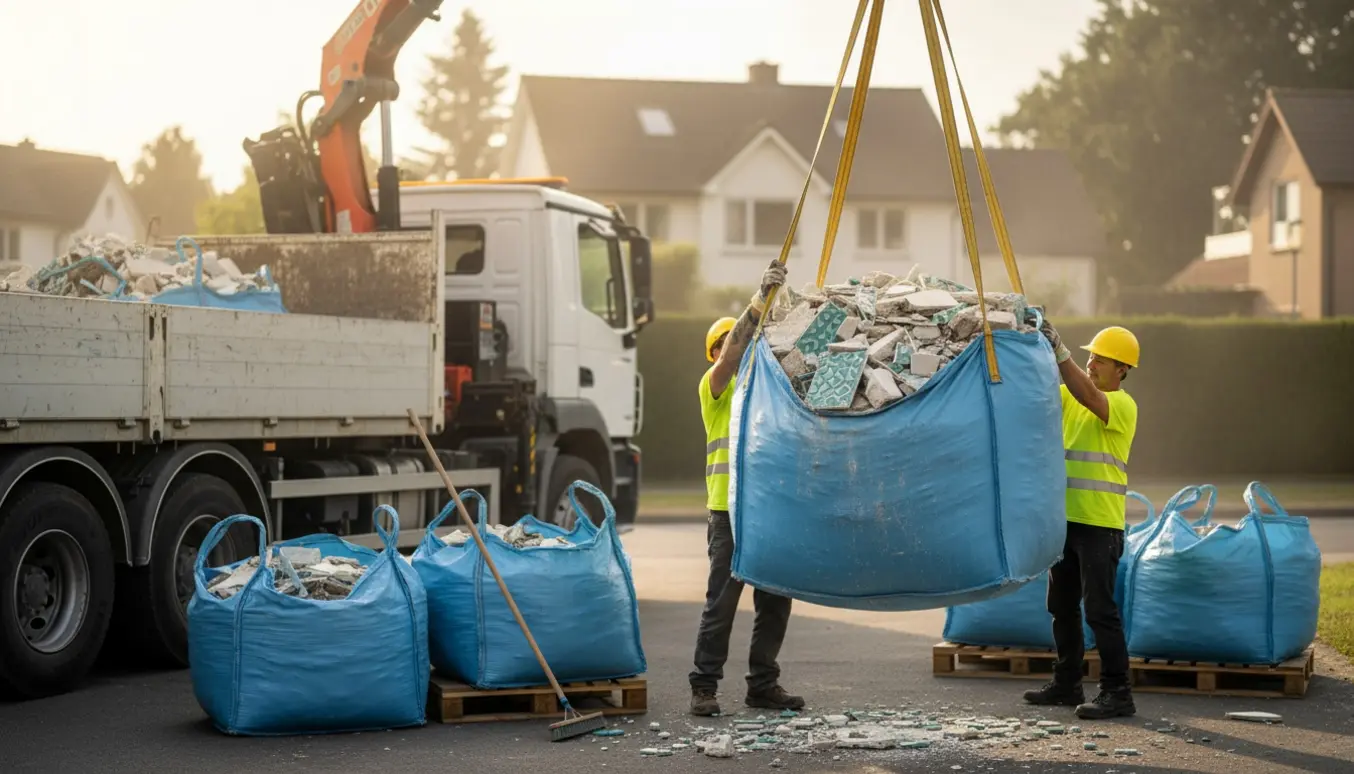 Blå big-bags fyldt med badeværelsesaffald løftes med kran og lastes på en stor lastbil foran et parcelhus.
