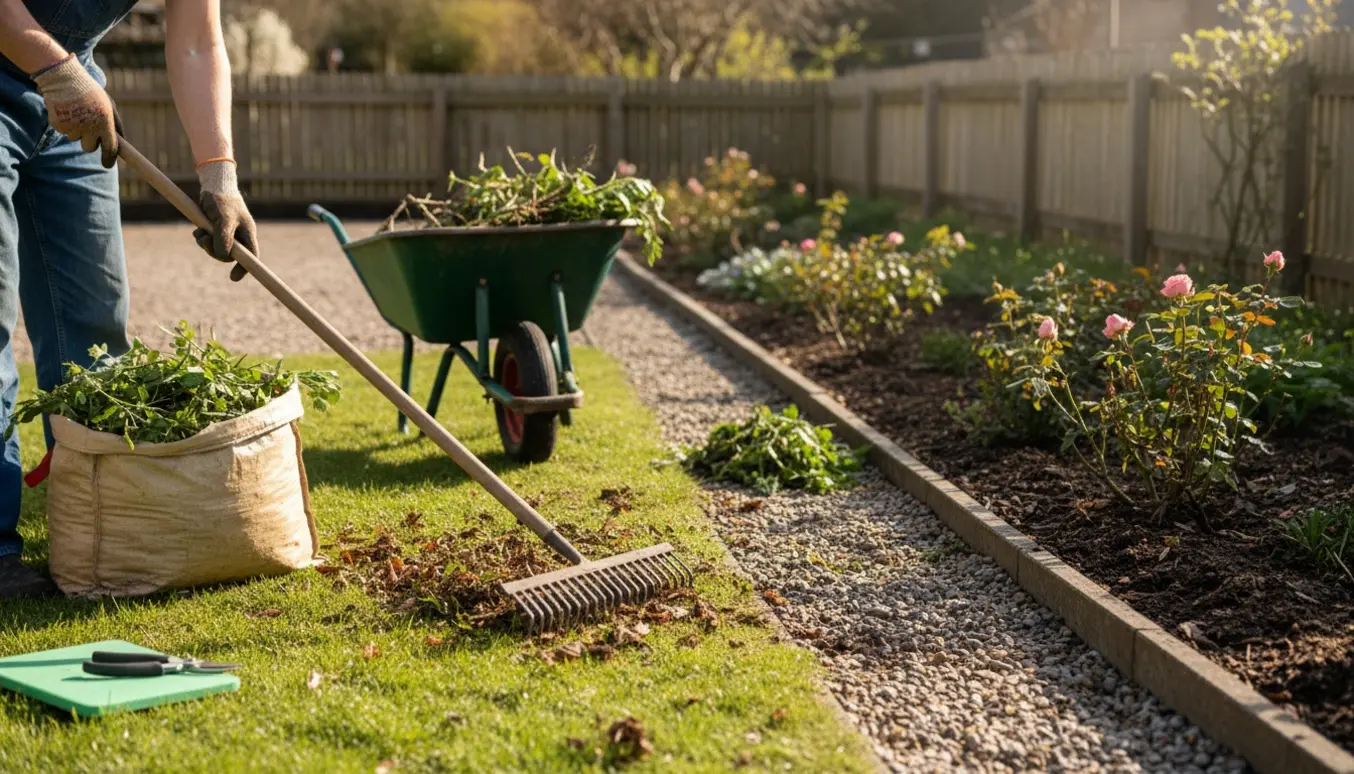 Forårsrengøring i en lille have med rive, kost og en trillebør ved et rosenbed.