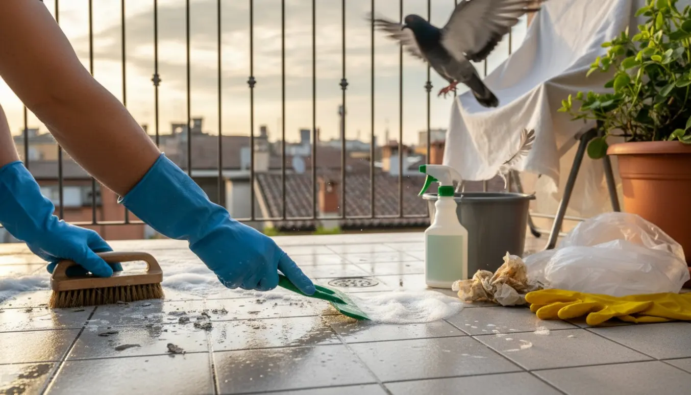 Handskerede hænder skraber og skrubber dueklatter væk fra en byaltan med sæbevand og børste.