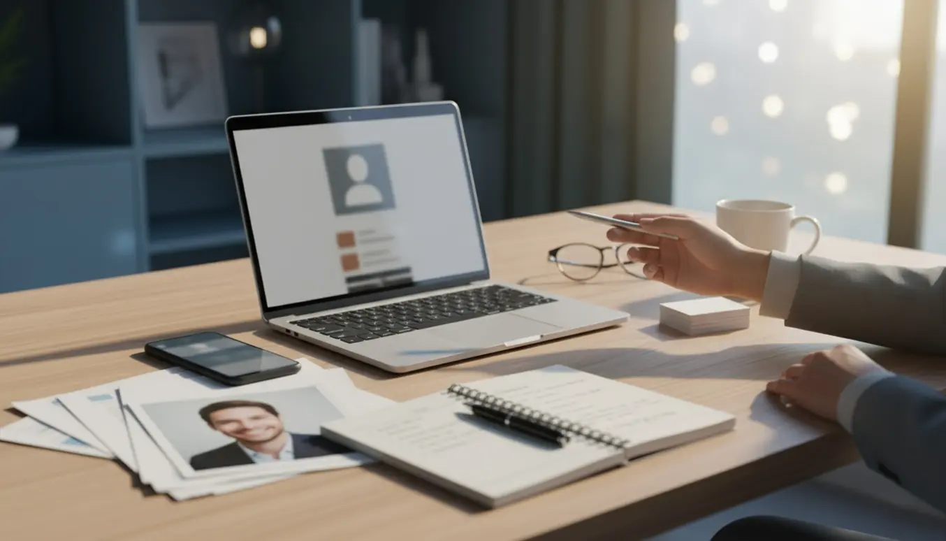 Over-shoulder billede af en person, der opsætter en LinkedIn-profil på en bærbar med notesbog og telefon ved siden af.