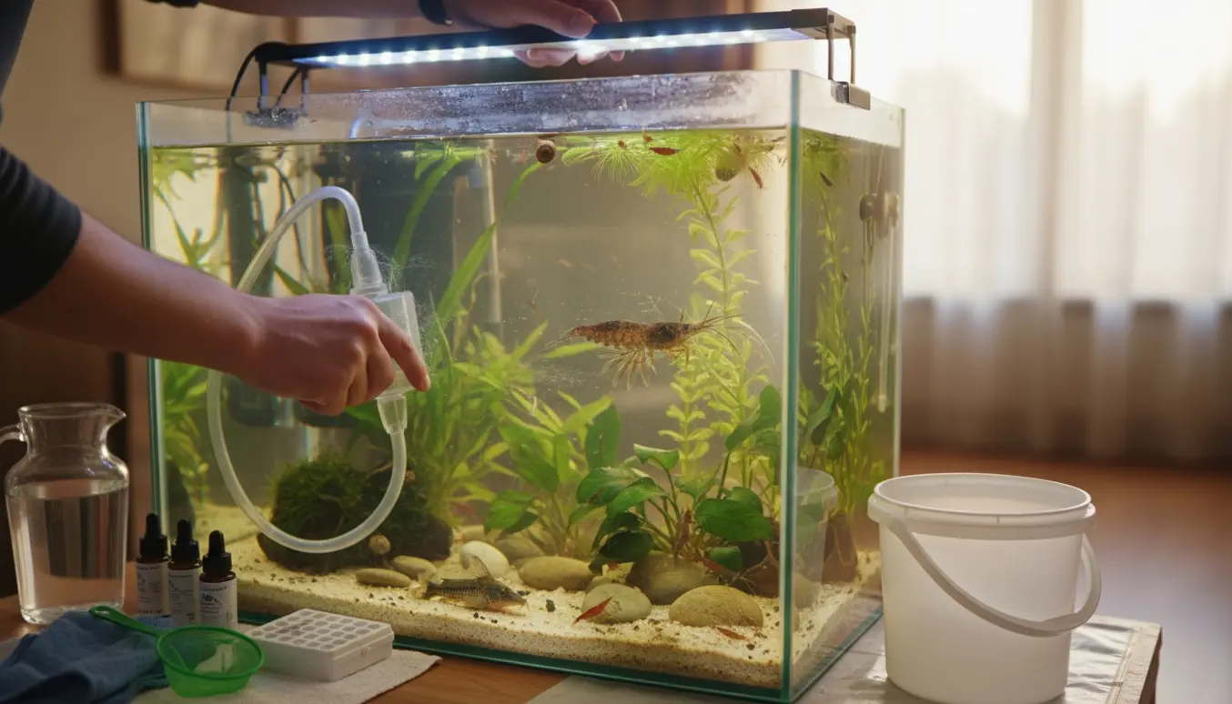 Hænder rengør et 100 liters akvarium med fisk, rejer og snegle i blødt dagslys.