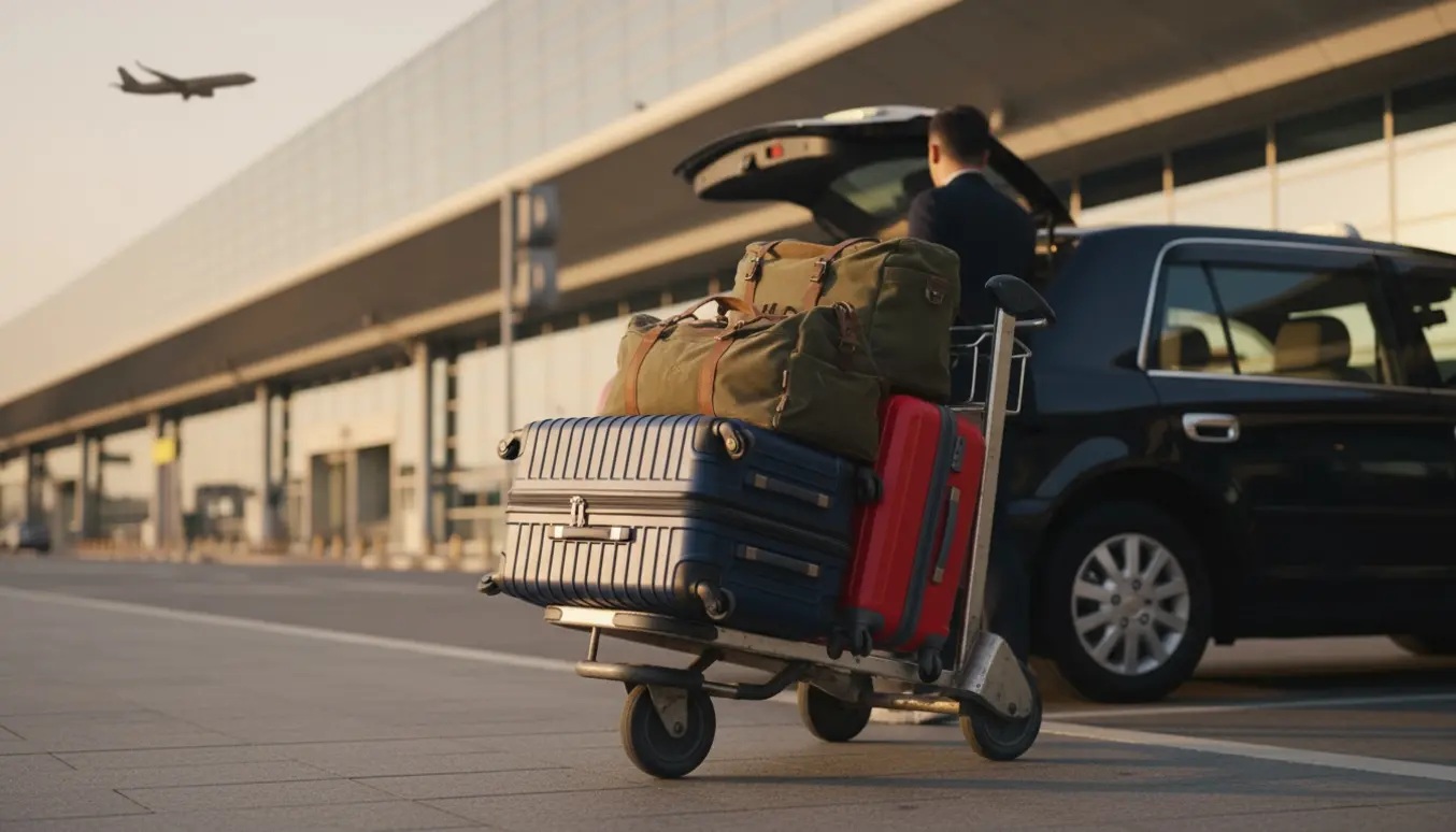 Tre kufferter på en bagagevogn ved lufthavnsaflevering, en person set bagfra åbner bilens bagagerum.