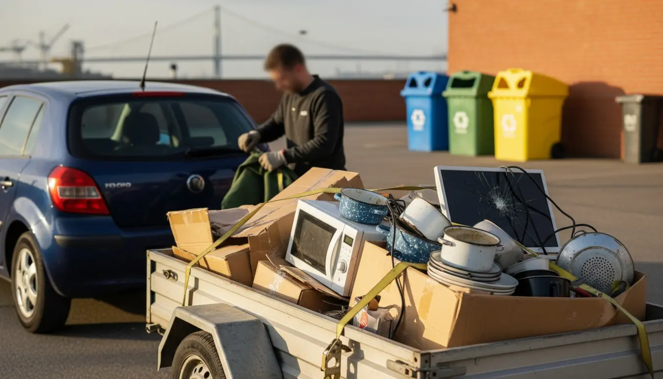 Trailer lastet med pap, elektronik og køkkenting ved en genbrugsplads i Nyborg.