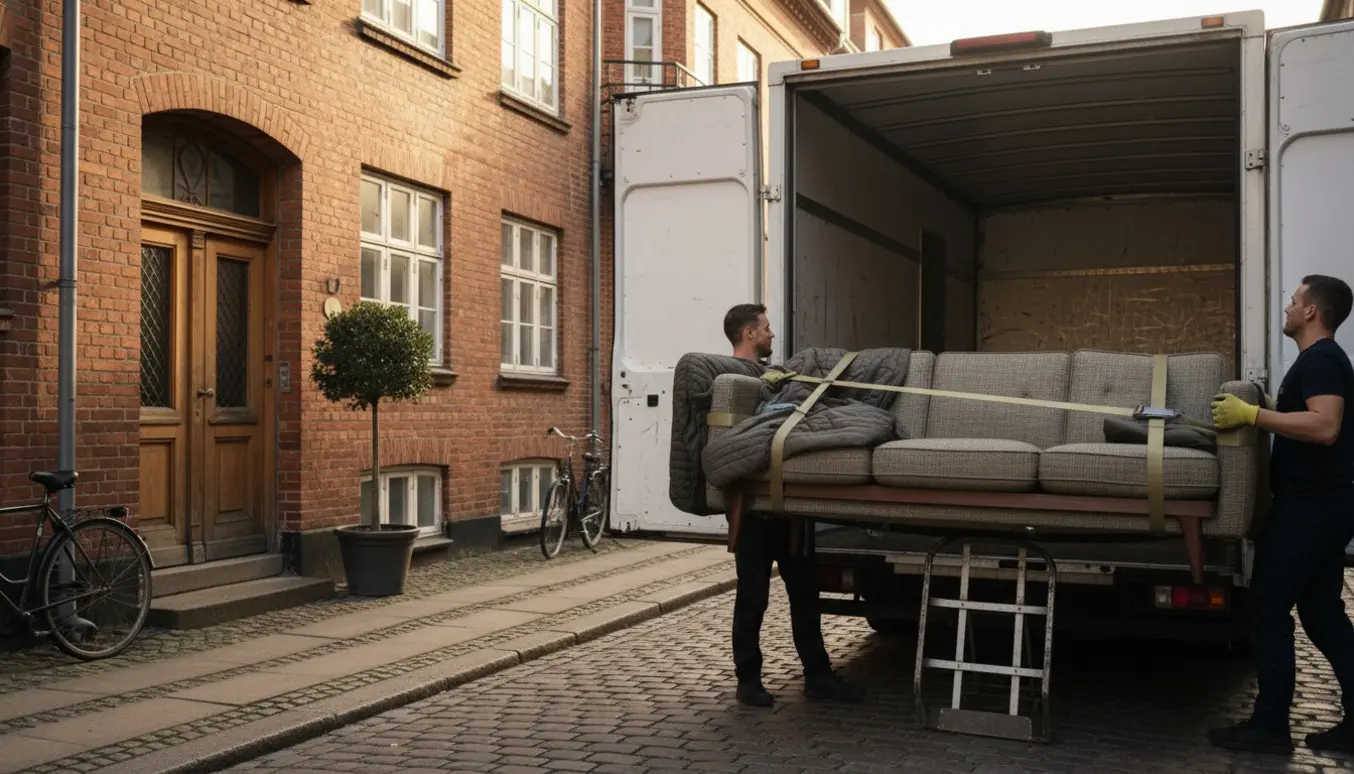To personer læsser en sofa ind i en hvid flyttebil på en københavnsk gade mellem Vesterbro og Nørrebro.