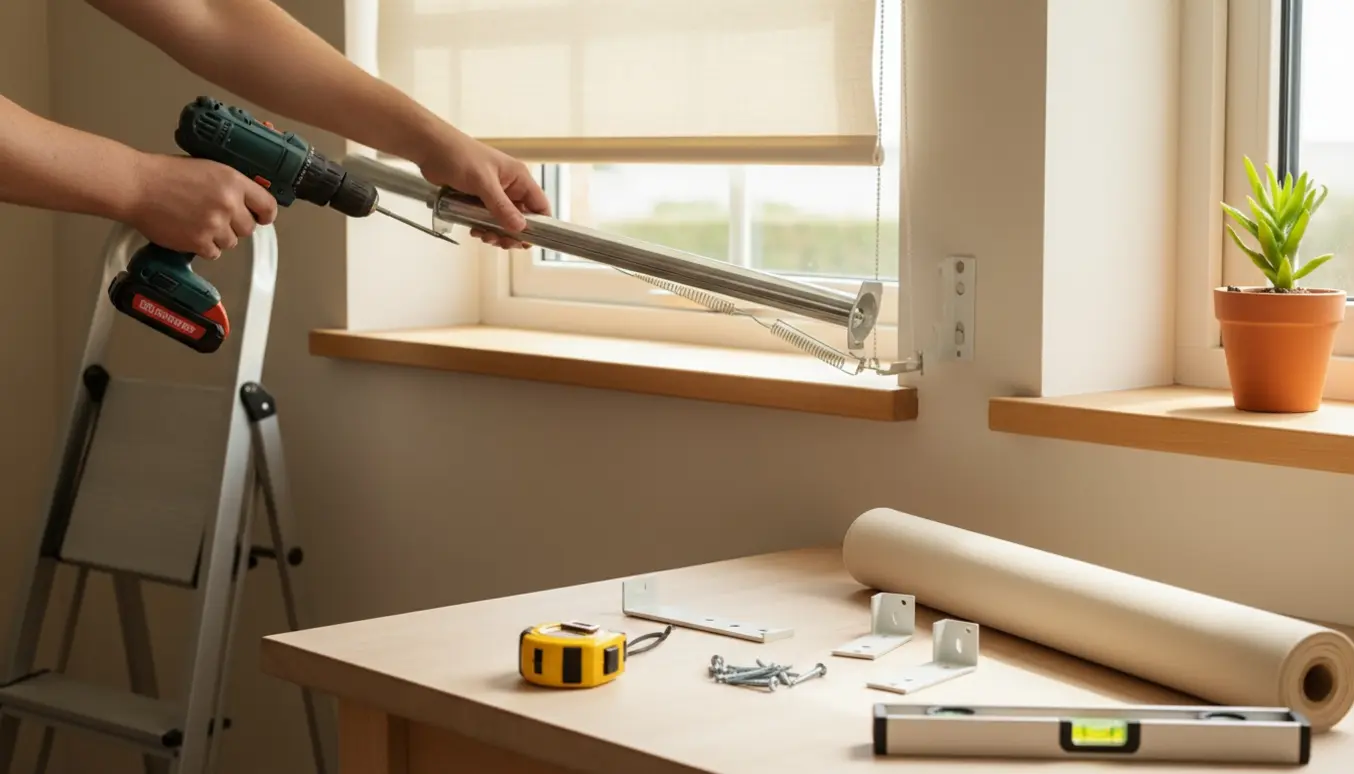 Hænder tager et gammelt rullegardin ned ved et solrigt vindue, nyt rullegardin og værktøj ligger klar.