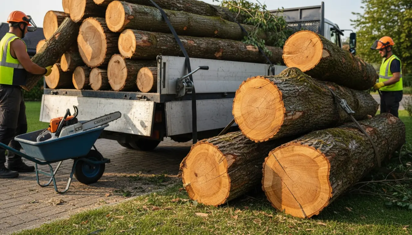 Lastning af nysavede træstammer på en åben lastbil med savsmuld i forgrunden.