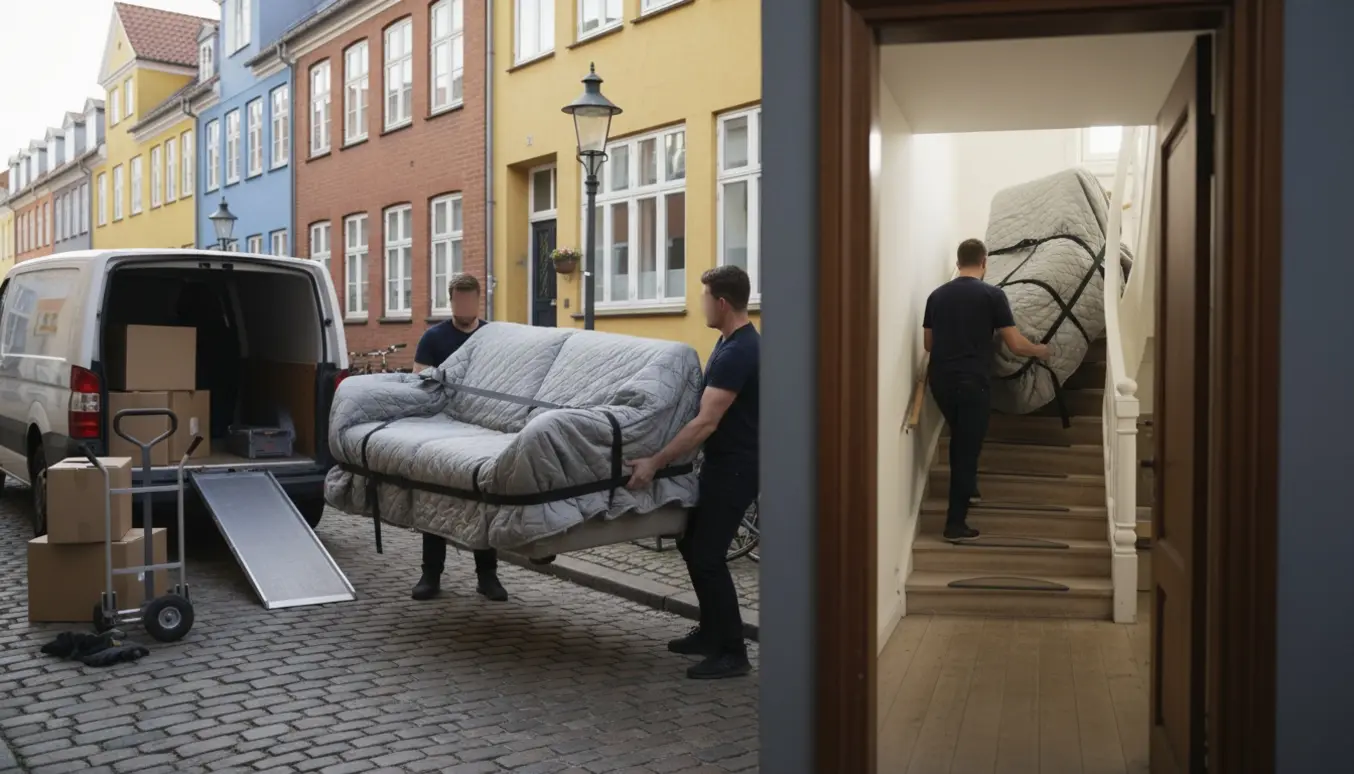 Sofa pakkes fra en varevogn på en brostensgade i Odense og bæres op ad en trappe af hjælpere.