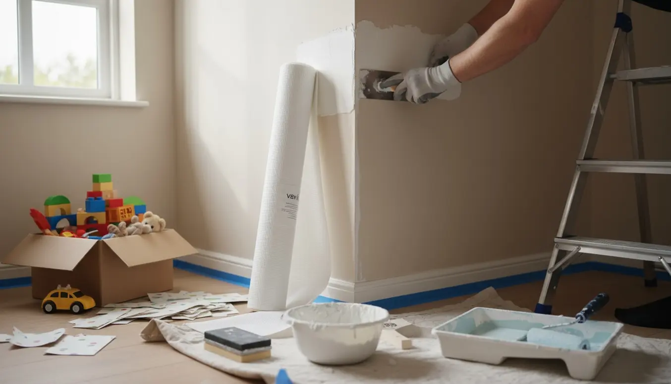 Et lille børneværelse under renovering med spartling, opsætning af nyt væv og malerudstyr i naturligt dagslys.