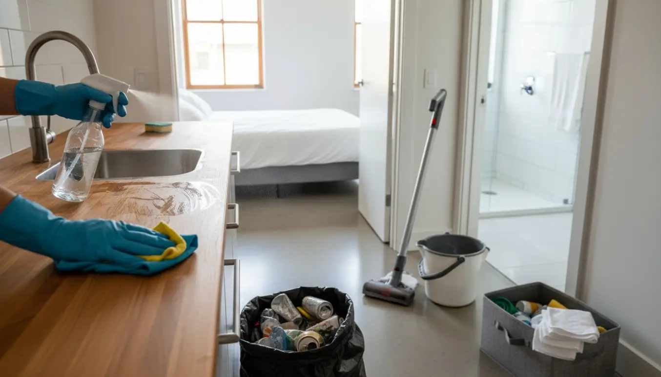 Handsker tørrer et køkkenbord, tomme dåser samles, og et ryddet soveværelse og skinnende badeværelse ses i baggrunden.