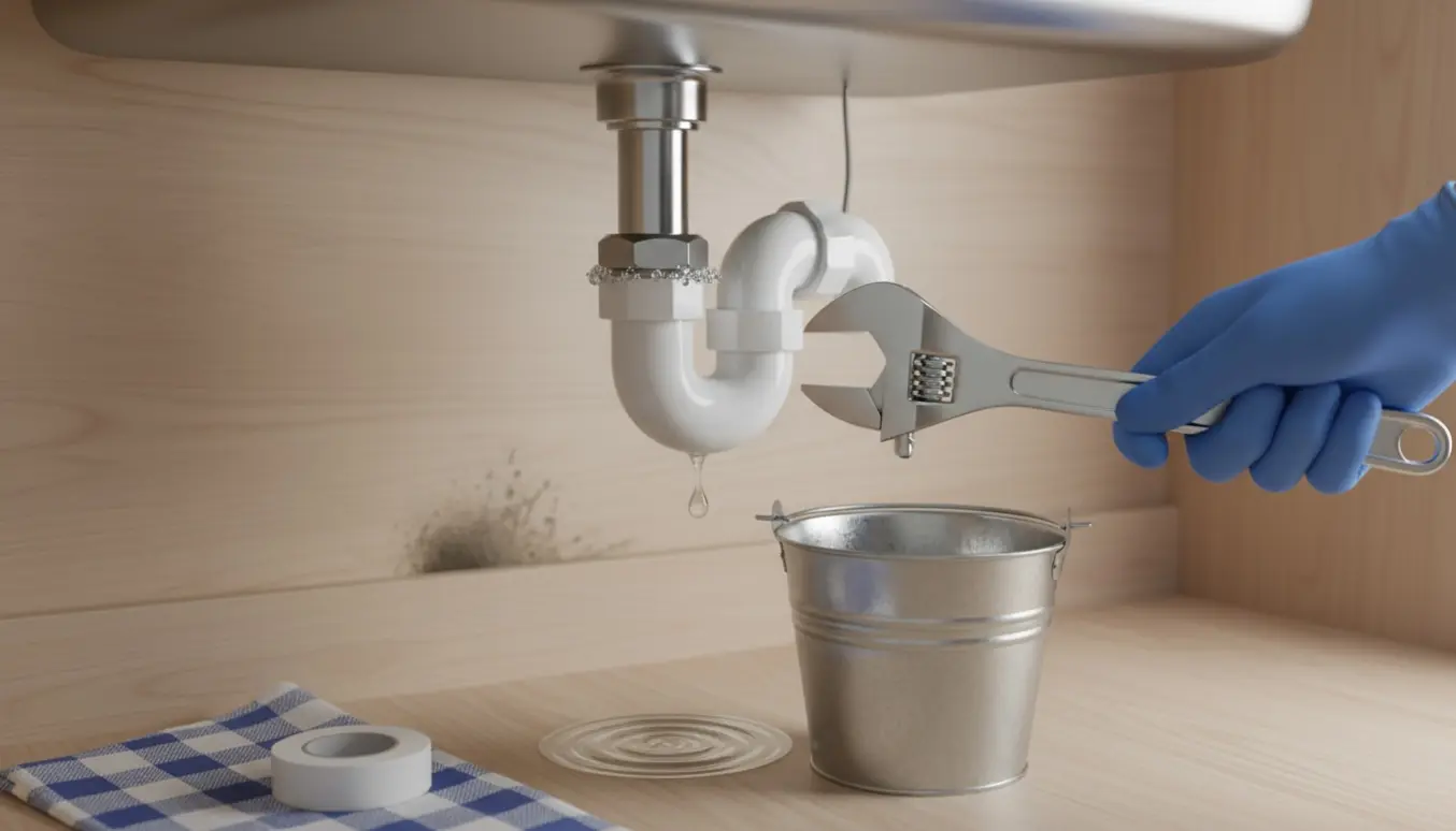 Utæt rør under køkkenvask med dryppende samling og en spand under.
