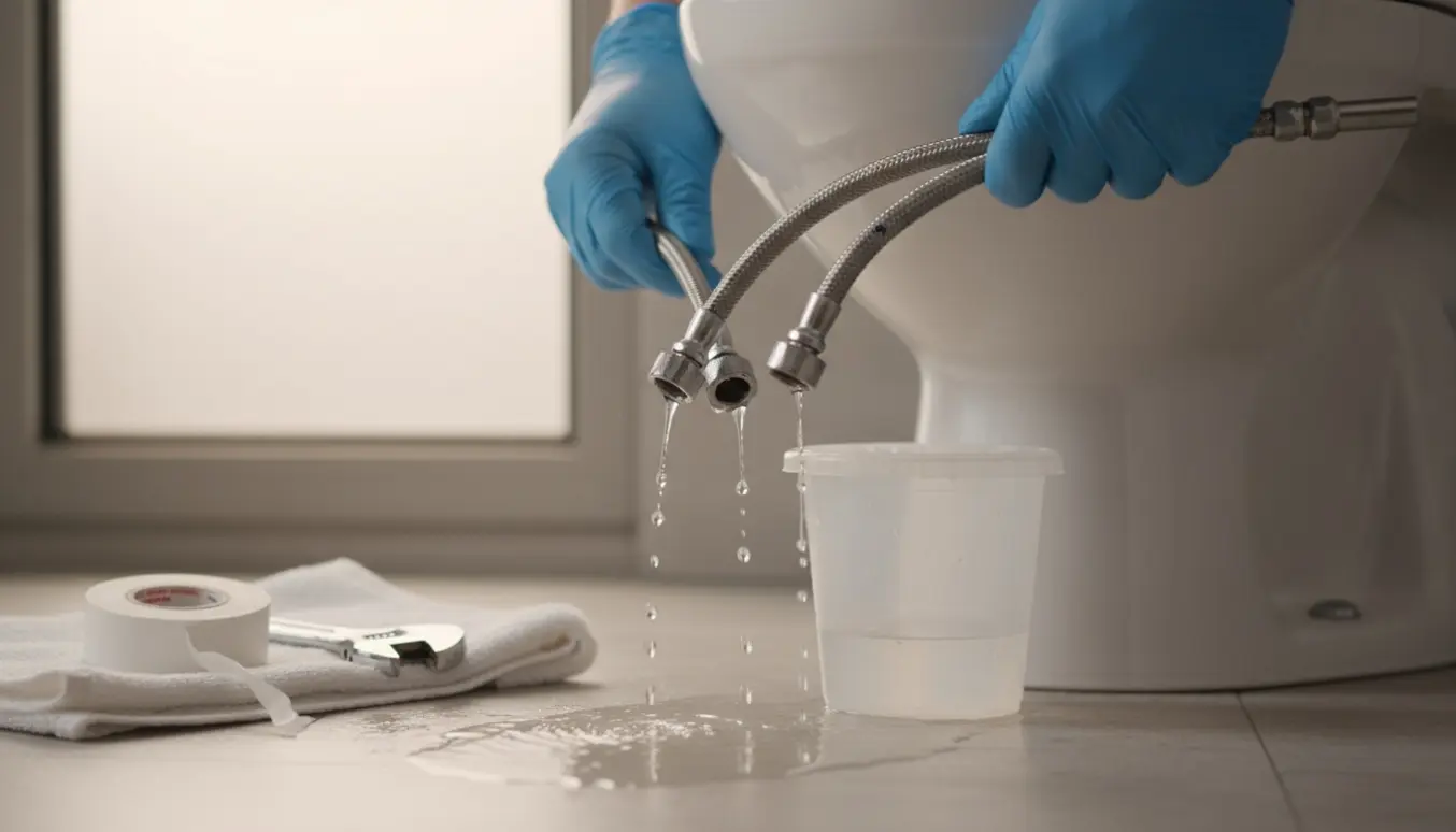 Nærbillede af lækkende vandrør ved et toilet, hvor hænder med handsker holder et rør over en spand mens værktøj ligger klar.