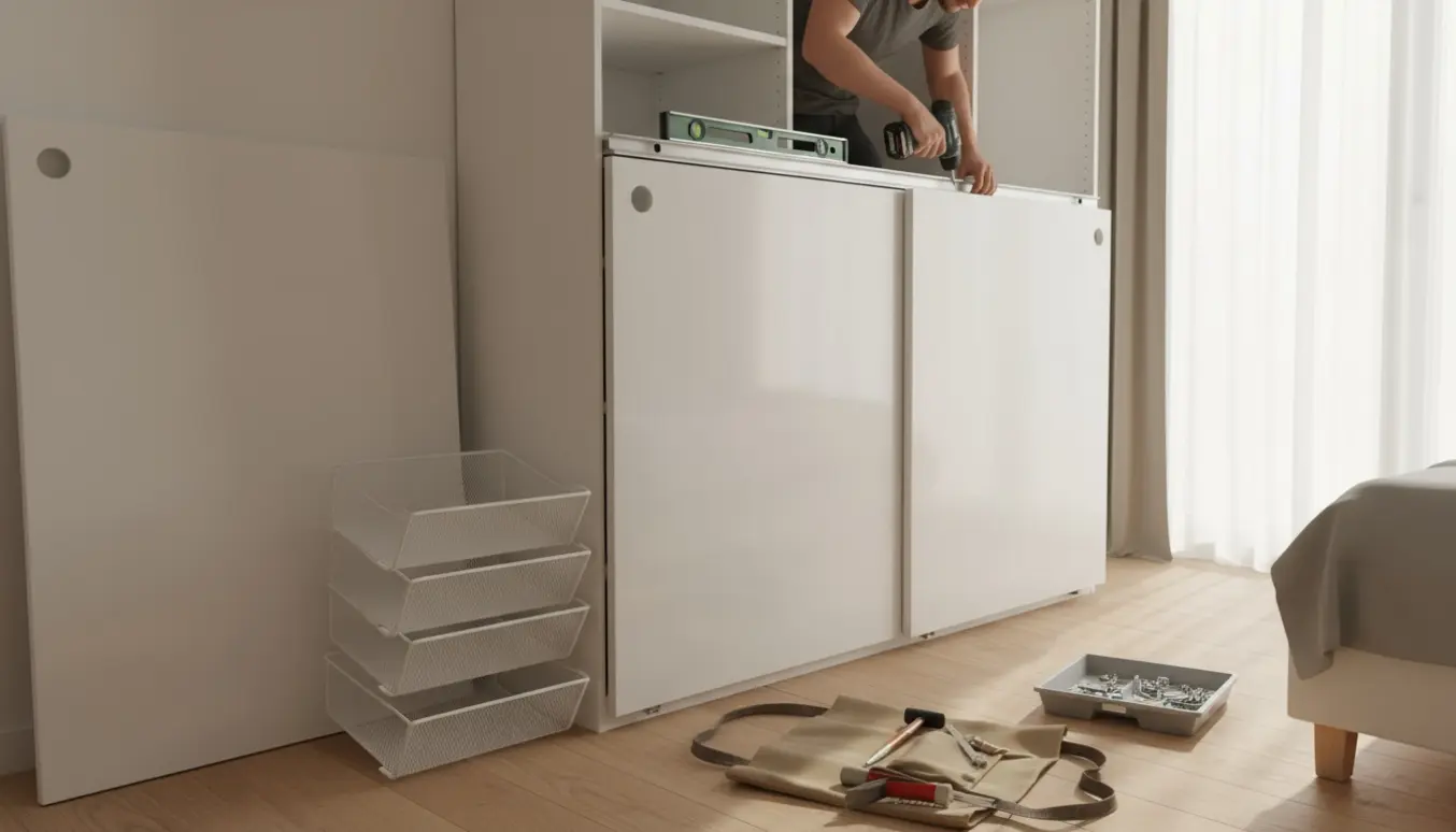 Montage af skydedøre og en hængselsdør på et PAX-klædeskab, med værktøj og udtrukne skohylder ved siden af.