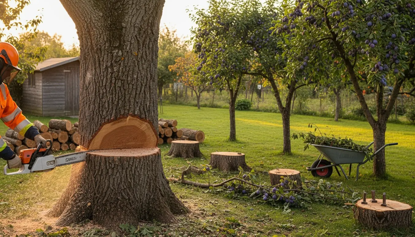 Fældning af egetræ i en have med stablede træstammer og beskårne blommegrene.