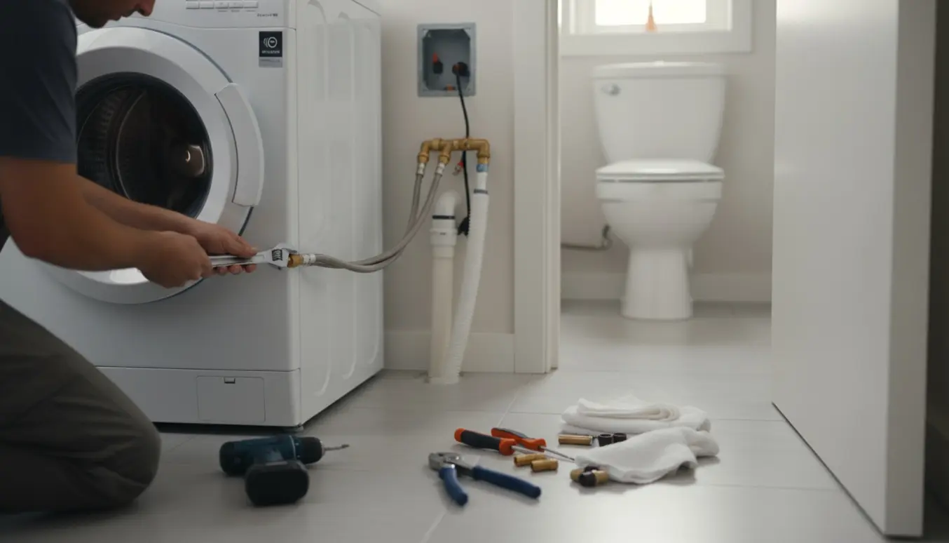 Vaskemaskine installeres i en lille gang ved siden af toilet med synlige vand- og afløbstilslutninger og en åben el-kasse uden stik.