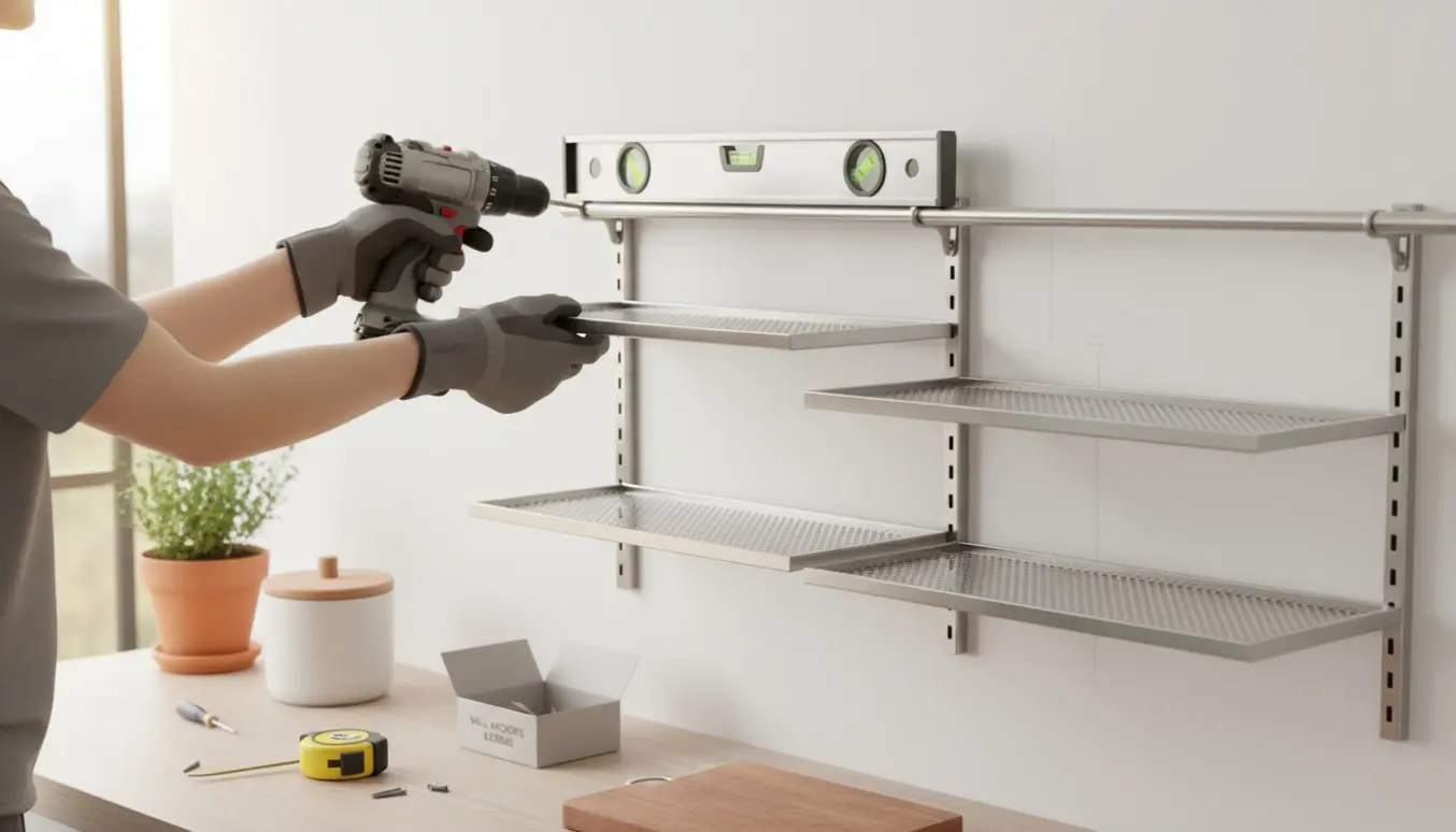 Hænder monterer et Kungsfors rustfrit stål hyldesystem med tre hylder på en flisevæg i et lyst køkken.