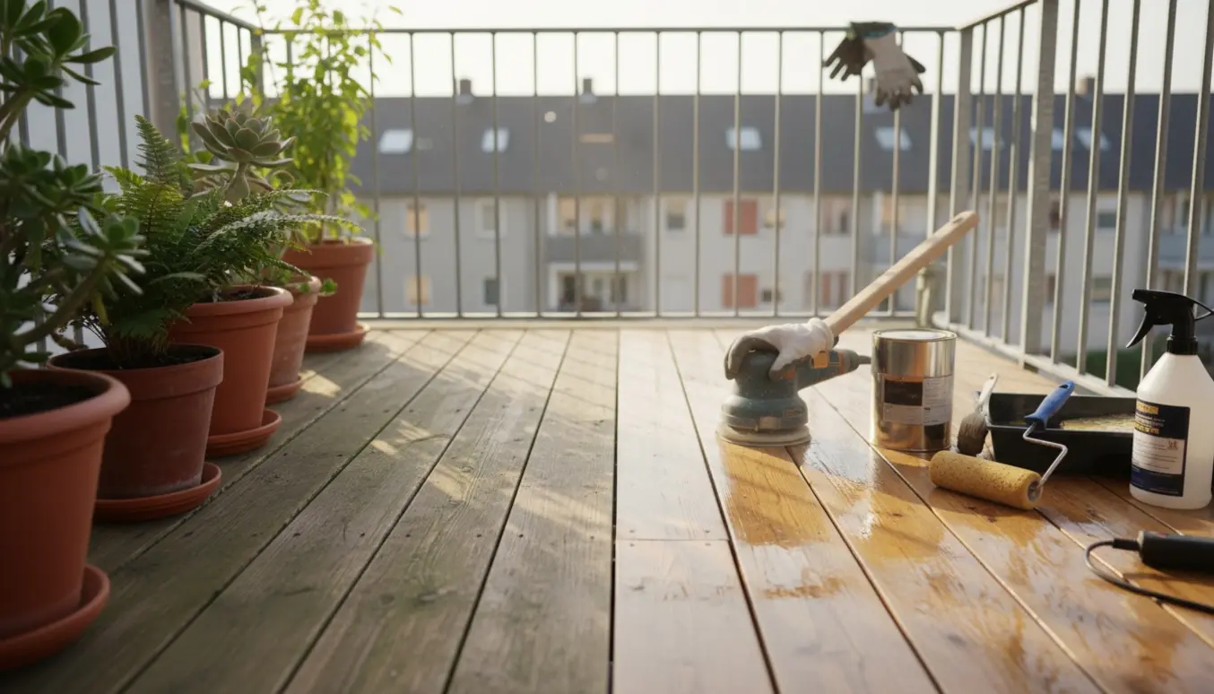 Balkon med træterrasse under slibning og oliering, med værktøj og flyttede krukker.