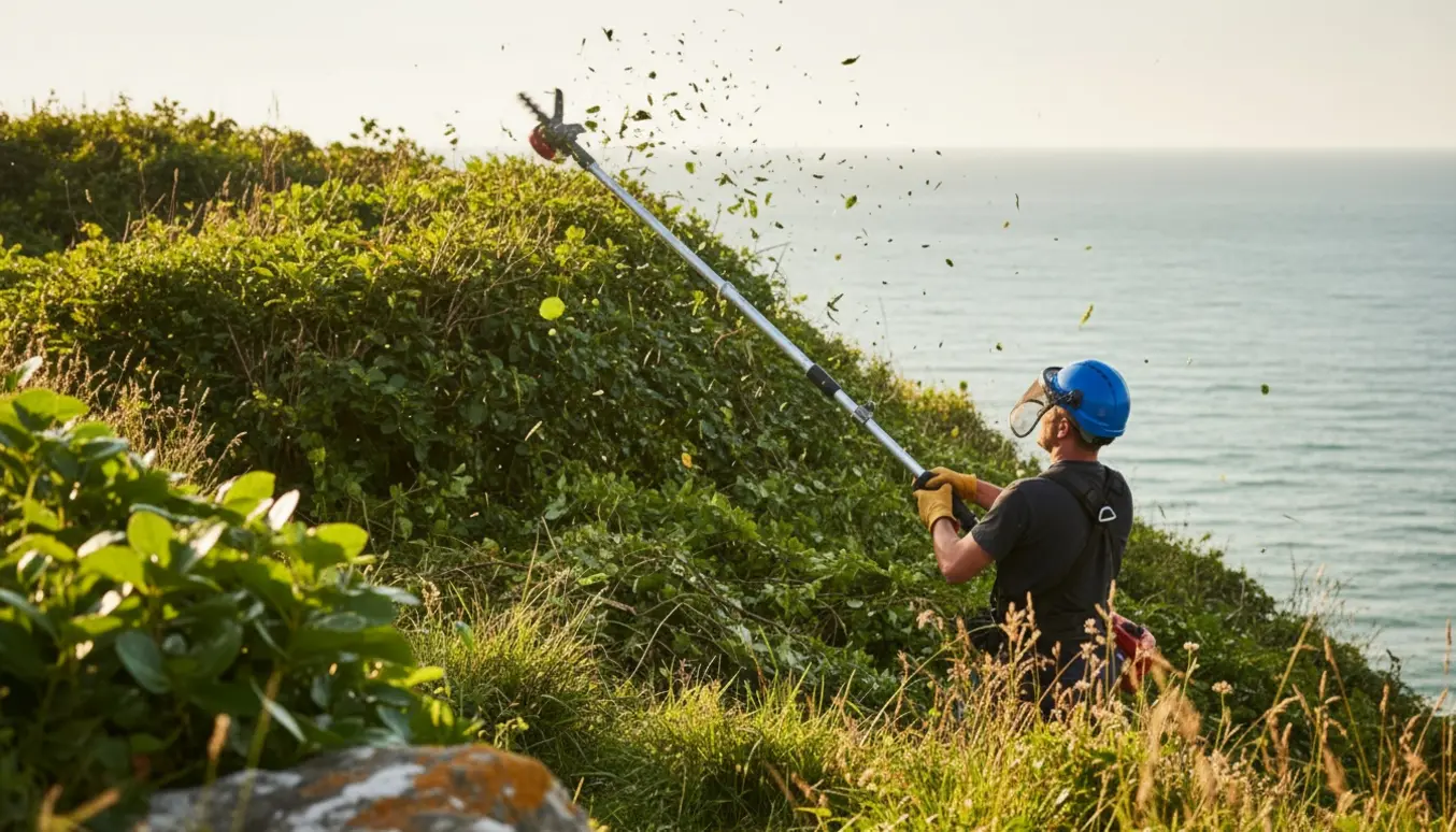 Langskaftet trimmer klipper toppen af skræntbevoksning med havet i baggrunden.